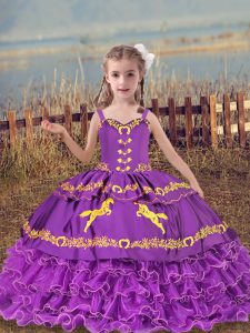 Eggplant Purple Lace Up Little Girls Pageant Dress Wholesale Beading and Embroidery and Ruffled Layers Sleeveless Floor Length