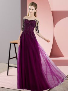 Super Floor Length Fuchsia Quinceanera Court of Honor Dress Chiffon Half Sleeves Beading and Lace
