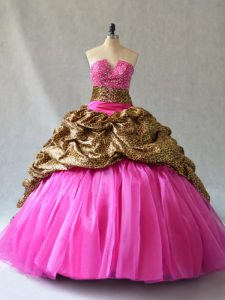Hot Pink Sleeveless Organza Brush Train Lace Up Quinceanera Dresses for Sweet 16 and Quinceanera