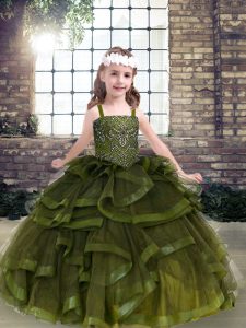 Cute Floor Length Lace Up Child Pageant Dress Olive Green for Party and Wedding Party with Beading and Ruffles