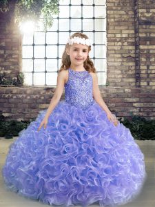 Custom Fit Scoop Sleeveless Fabric With Rolling Flowers Glitz Pageant Dress Beading and Ruffles Lace Up