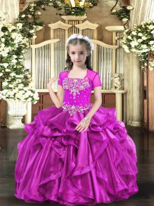 Sleeveless Organza Floor Length Lace Up Little Girls Pageant Dress in Fuchsia with Beading and Ruffles