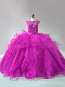 Fantastic Fuchsia Long Sleeves Organza Brush Train Lace Up Quinceanera Gown for Sweet 16 and Quinceanera