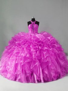 Artistic Brush Train Ball Gowns Sweet 16 Quinceanera Dress Lilac Halter Top Organza Sleeveless Zipper