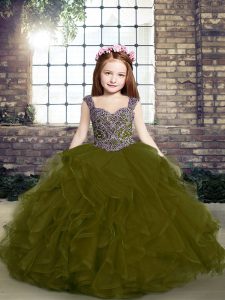 Best Olive Green Girls Pageant Dresses Party and Military Ball and Wedding Party with Beading and Ruffles Straps Sleeveless Lace Up