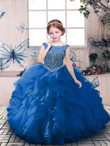 Trendy Floor Length Ball Gowns Sleeveless Blue Kids Formal Wear Zipper