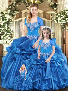 Pretty Floor Length Lace Up Quinceanera Gowns Blue for Military Ball and Sweet 16 and Quinceanera with Beading and Ruffles