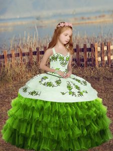 Customized Straps Sleeveless Evening Gowns Floor Length Embroidery and Ruffled Layers Green Organza