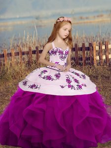 Fuchsia Sleeveless Floor Length Embroidery and Ruffles Lace Up Girls Pageant Dresses