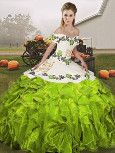 Super Embroidery and Ruffles 15th Birthday Dress Olive Green Lace Up Sleeveless Floor Length
