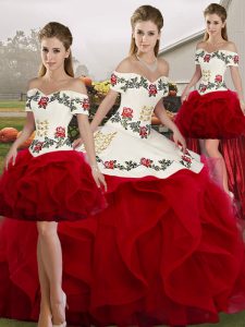 Tulle Off The Shoulder Sleeveless Lace Up Embroidery and Ruffles Sweet 16 Quinceanera Dress in White And Red