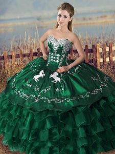 Flare Green Lace Up Sweetheart Embroidery and Ruffles Sweet 16 Dresses Organza Sleeveless