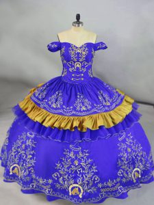 Inexpensive Floor Length Blue 15 Quinceanera Dress Off The Shoulder Sleeveless Lace Up
