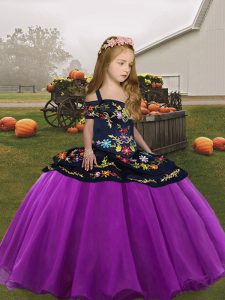 Discount Purple Ball Gowns Organza Straps Sleeveless Embroidery Floor Length Lace Up Girls Pageant Dresses