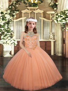 Sleeveless Floor Length Beading Lace Up Kids Pageant Dress with Peach