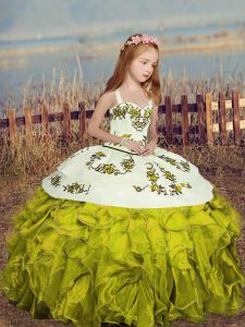 Sleeveless Organza Floor Length Lace Up Little Girl Pageant Dress in Olive Green with Embroidery and Ruffles
