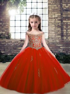 Red Tulle Lace Up Little Girls Pageant Gowns Sleeveless Floor Length Beading and Appliques