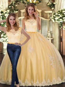 Glamorous Gold Clasp Handle Scoop Lace and Appliques 15th Birthday Dress Tulle Sleeveless