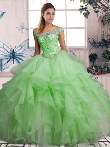 Sexy Green Sweet 16 Quinceanera Dress Military Ball and Sweet 16 and Quinceanera with Beading and Ruffles Off The Shoulder Sleeveless Lace Up