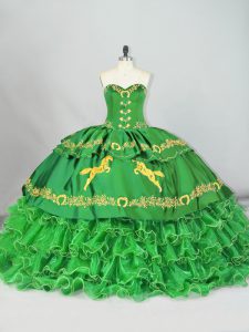 Popular Satin and Organza Sleeveless Ball Gown Prom Dress Brush Train and Embroidery and Ruffled Layers