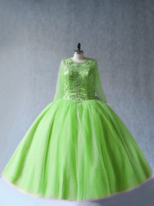 Green Scoop Lace Up Beading Quinceanera Gown Long Sleeves