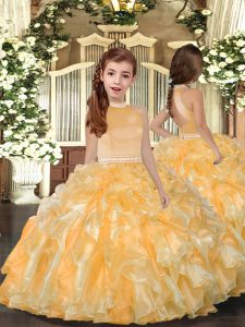 Stunning Gold Organza Backless Little Girl Pageant Dress Sleeveless Floor Length Beading and Ruffles