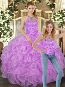 Lilac Two Pieces Beading and Ruffles Quinceanera Dresses Lace Up Tulle Sleeveless Floor Length