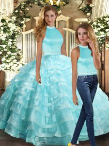 Ball Gowns Quinceanera Dress Aqua Blue Halter Top Organza Sleeveless Floor Length Backless