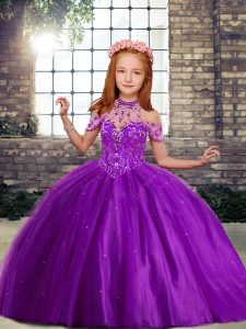 Tulle Sleeveless Floor Length Kids Pageant Dress and Beading