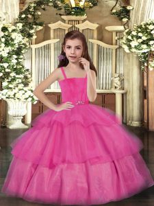 Top Selling Hot Pink Sleeveless Ruffled Layers Floor Length Little Girl Pageant Gowns