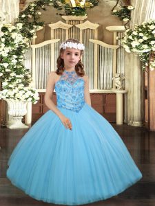 High End Tulle Scoop Sleeveless Lace Up Beading Kids Formal Wear in Aqua Blue
