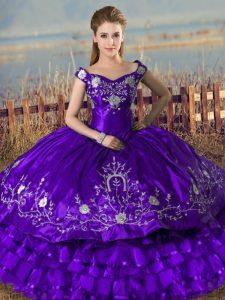 Vintage Purple Off The Shoulder Neckline Embroidery and Ruffled Layers Quince Ball Gowns Sleeveless Lace Up
