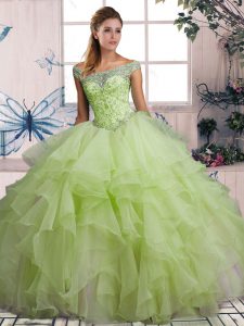 Best Beading and Ruffles Quinceanera Gown Yellow Green Lace Up Sleeveless Floor Length