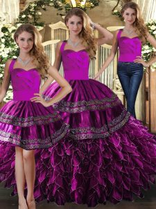 Decent Sleeveless Organza Floor Length Lace Up Quinceanera Gown in Fuchsia with Embroidery and Ruffles