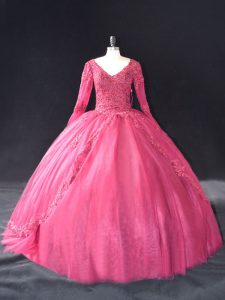 Charming V-neck Long Sleeves Quince Ball Gowns Floor Length Lace and Appliques Hot Pink Tulle