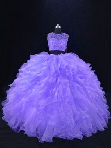 Smart Two Pieces Sweet 16 Dresses Lavender Scoop Organza Sleeveless Floor Length Zipper