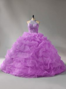 High Class Lilac Sleeveless Beading and Pick Ups Lace Up Ball Gown Prom Dress