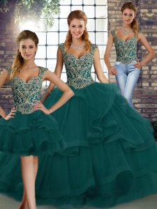 Straps Sleeveless Sweet 16 Quinceanera Dress Floor Length Beading and Ruffles Peacock Green Tulle