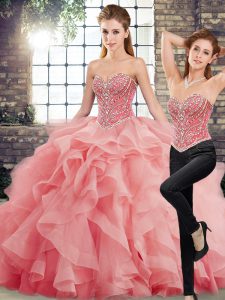 Admirable Lace Up Quince Ball Gowns Watermelon Red for Military Ball and Sweet 16 and Quinceanera with Beading and Ruffles Brush Train