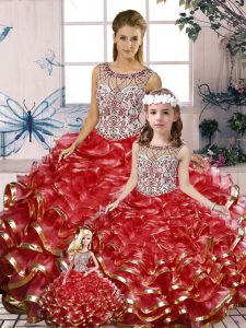Lovely Red Vestidos de Quinceanera Military Ball and Sweet 16 and Quinceanera with Beading and Ruffles Scoop Sleeveless Lace Up