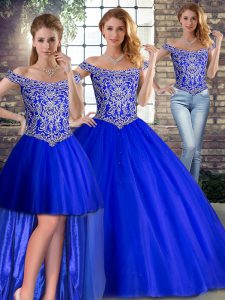 Inexpensive Royal Blue Quince Ball Gowns Off The Shoulder Sleeveless Brush Train Lace Up