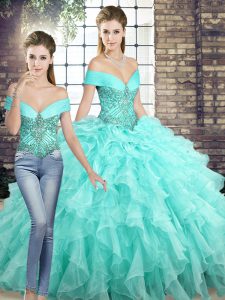 Customized Brush Train Two Pieces Sweet 16 Dress Aqua Blue Off The Shoulder Organza Sleeveless Lace Up