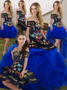 Cute Off The Shoulder Sleeveless Lace Up Quinceanera Dress Royal Blue Tulle