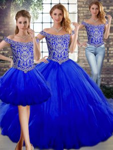 Royal Blue Three Pieces Beading and Ruffles Ball Gown Prom Dress Lace Up Tulle Sleeveless Floor Length