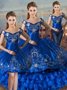 Embroidery and Ruffled Layers Quinceanera Dress Royal Blue Lace Up Sleeveless Floor Length