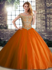 Exceptional Orange Red Ball Gowns Tulle Off The Shoulder Sleeveless Beading Lace Up 15 Quinceanera Dress Brush Train