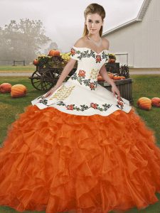 Dynamic Off The Shoulder Sleeveless 15 Quinceanera Dress Floor Length Embroidery and Ruffles Orange Red Organza
