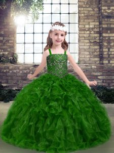 Green Organza Lace Up Straps Sleeveless Floor Length Pageant Gowns Beading