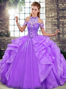 Cute Lavender Lace Up Ball Gown Prom Dress Beading and Ruffles Sleeveless Floor Length