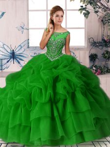 Top Selling Green Scoop Zipper Beading and Pick Ups Ball Gown Prom Dress Brush Train Sleeveless